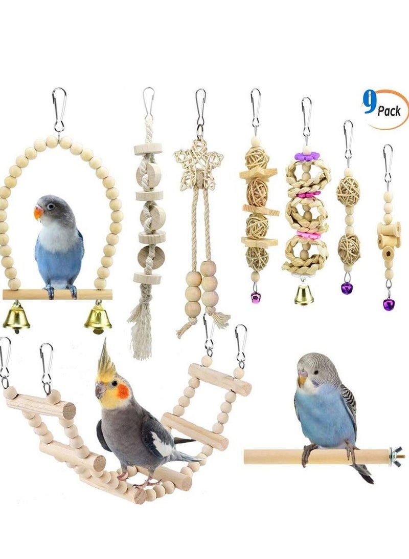 كيلا ألعاب أرجوحة الطيور والببغاوات المصنوعة من الخشب الطبيعي تتضمن أرجوحة مضغ معلقة وسلم تسلق وقفص طيور للببغاء والببغاء الطائر والكونور والكوكاتيل والمينا وطيور الحب والعصافير، 9 قطع، مجثم طيور - Image 1